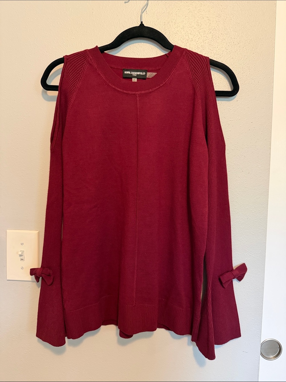 Karl Lagerfeld Wine Red Cold-Shoulder Knit Top